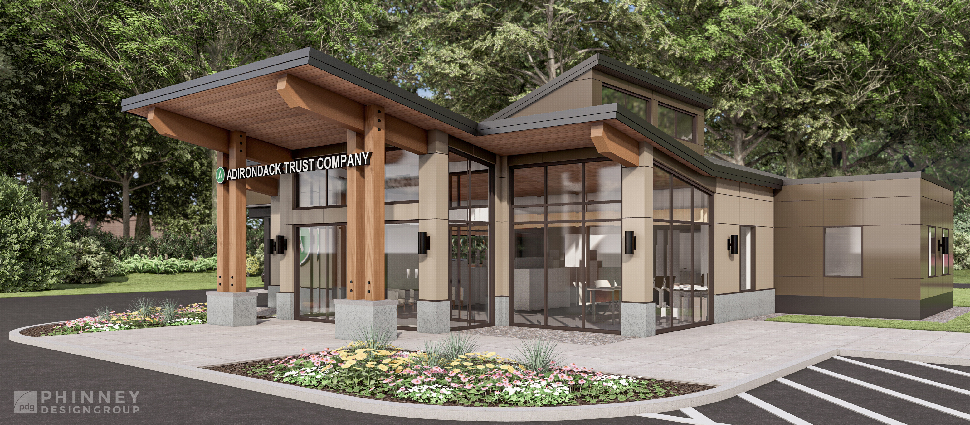 Architect's rendering detail of the renovated Malta Branch&mdash;warm wood beams, large windows, and modern signage